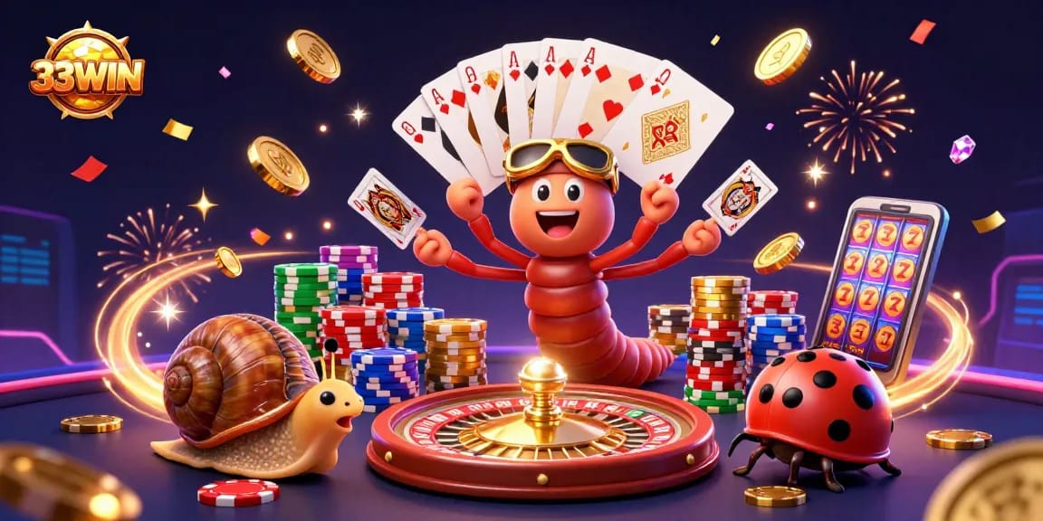 Experience the excitement of 33WIN with a dynamic 3D casino scene full of vibrant elements and characters.