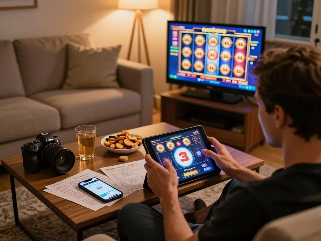Player enjoying the interactive 33win1 casino experience on a tablet in a cozy living room.