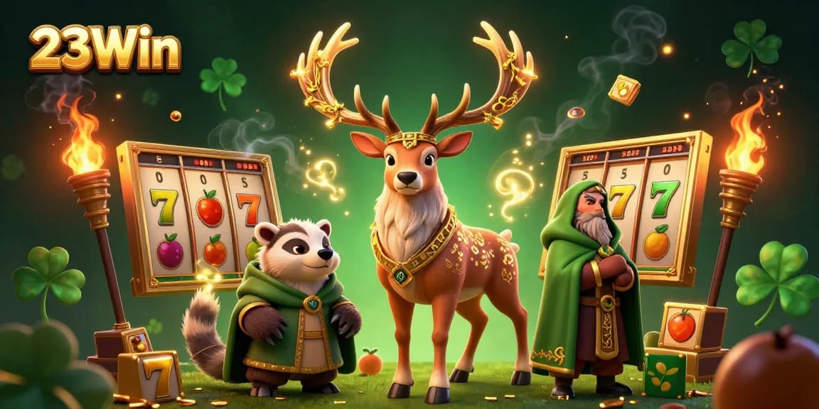 Experience vibrant gameplay options with 23Win's exciting slot games depicted in a dynamic 3D scene.