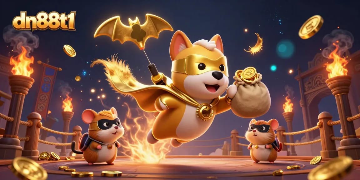 Engaging dn88t1 superhero dog in golden cape showcases thrilling online casino action with golden coins.