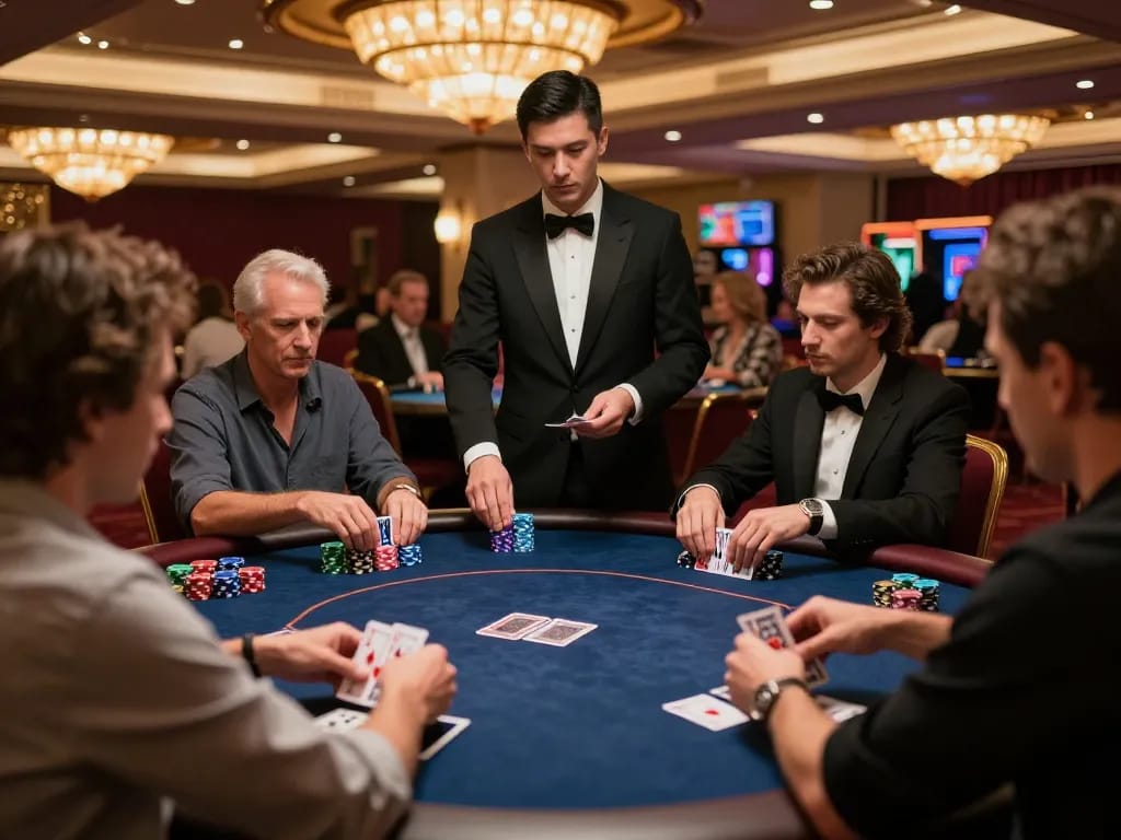 VK88 table poker action with players strategizing during an upscale casino game.