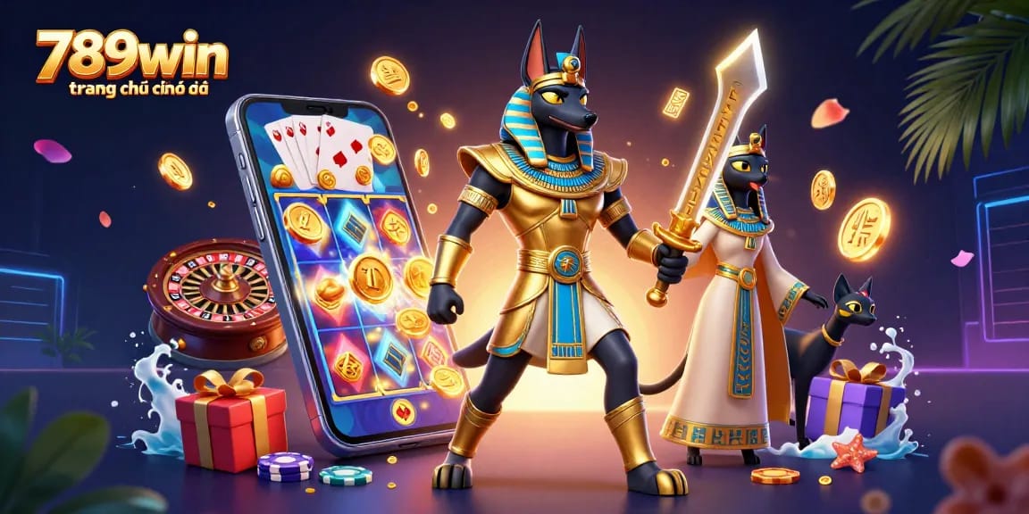 Experience the excitement of 789win trang chủ chính thức with Anubis and Bastet amidst vibrant casino elements.