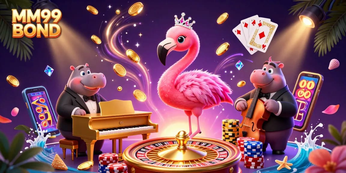 Experience the excitement of betting with MM99 BOND in this vibrant casino illustration featuring lively characters.