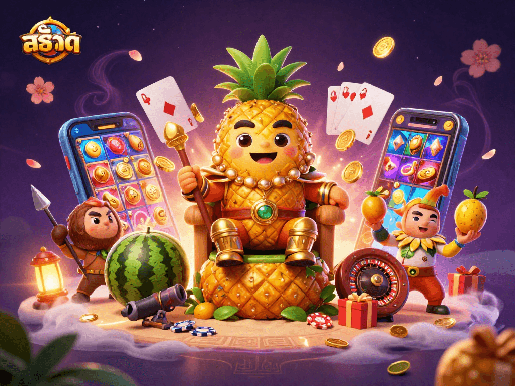 Experience thrilling สล็อต gameplay with a vibrant 3D casino illustration featuring a golden pineapple king and magical elements.