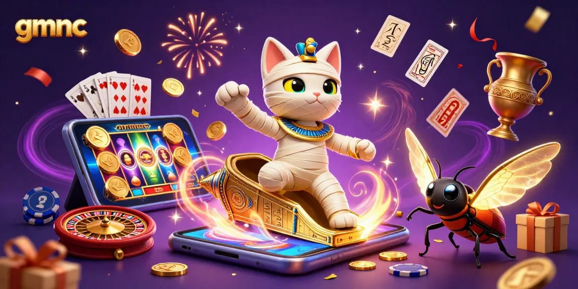 Experience thrilling gameplay with gmnc featuring a cartoon mummy cat in a vibrant pyramid casino scene.