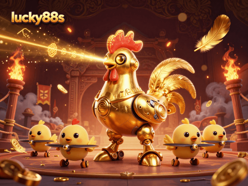 Experience thrilling gameplay at lucky88s with engaging golden rooster robot characters and vibrant casino elements.
