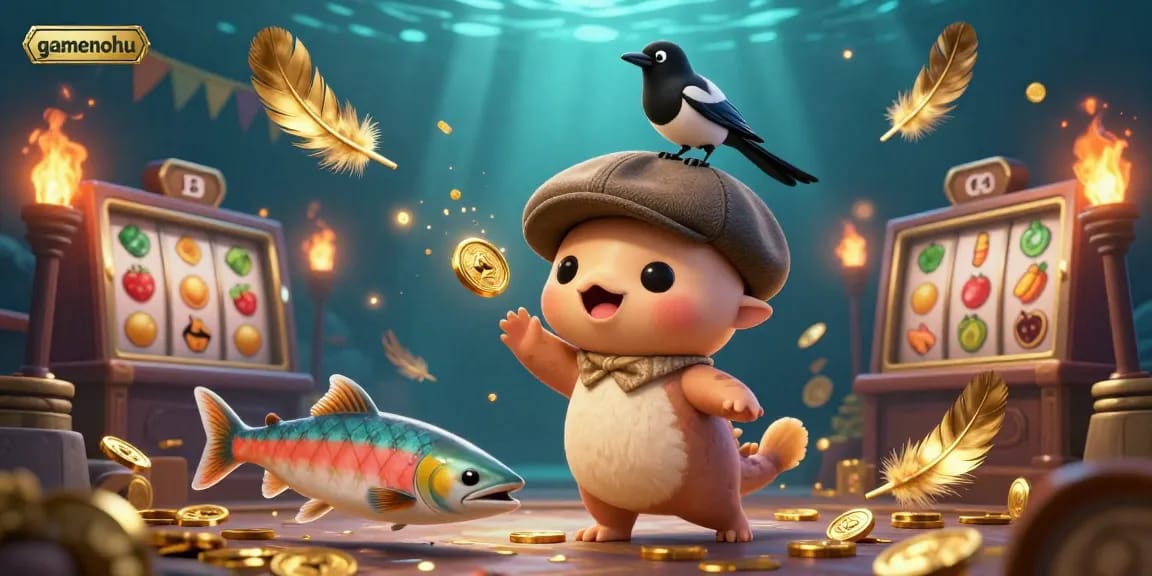 Spin and win at gamenohu with a playful Nessie and gold-obsessed magpie in a vibrant casino scene.