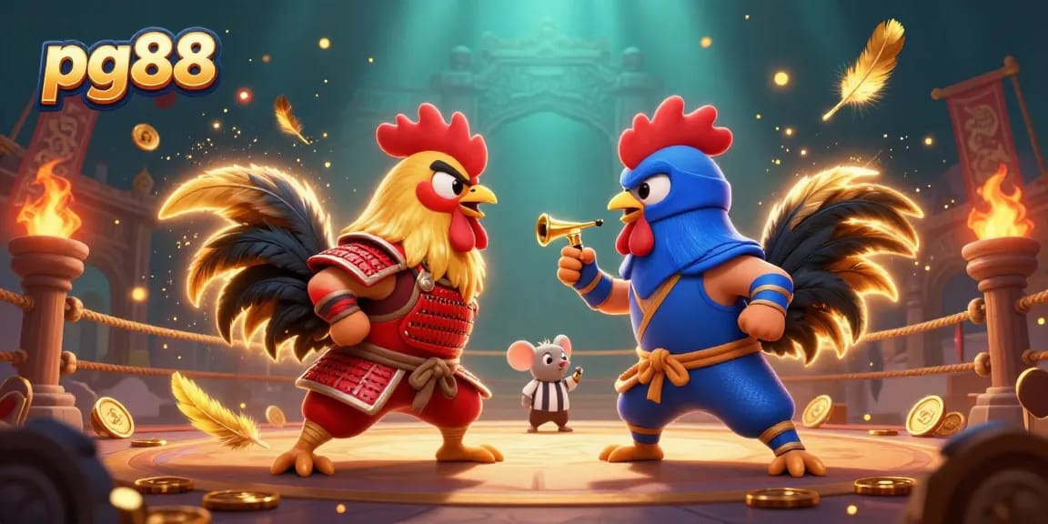 Join the battle at pg88 with 3D cartoon fighting roosters showcasing epic gambling excitement.