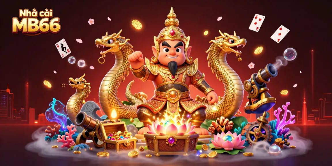 Spin and win with Nhà cái MB66's vibrant 3D casino illustration featuring guardians and treasures.