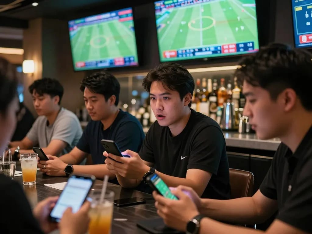 Engaged bettors analyzing kèo nhà cái during live football match in a modern lounge.