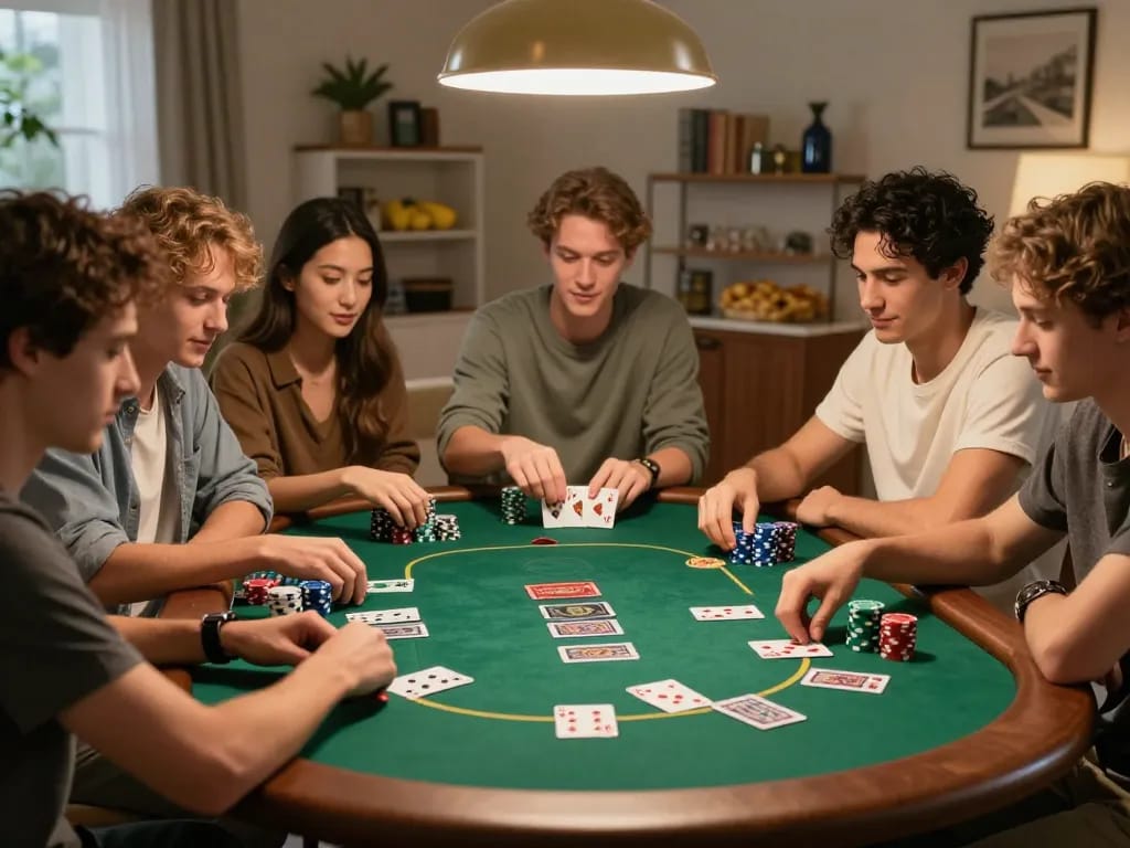 Players engaged in an exciting poker game night at home, showcasing strategic gameplay with dn88 among friends.