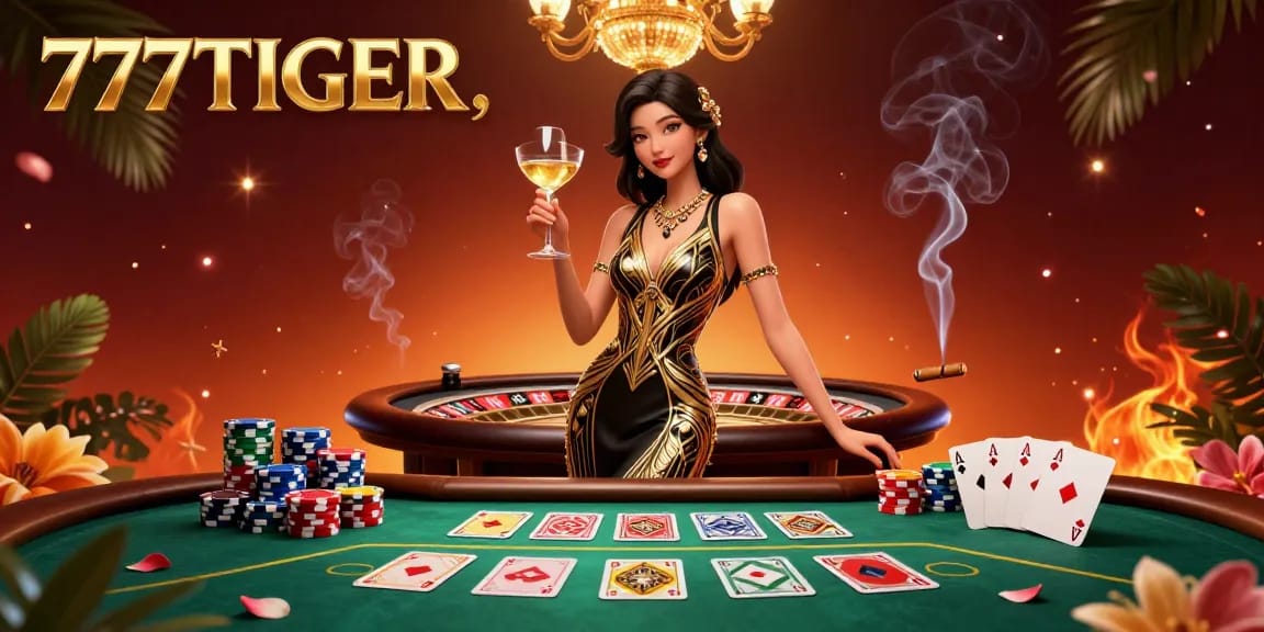 Experience the thrill with 777TIGER in an immersive casino scene featuring a glamorous woman and poker elements.