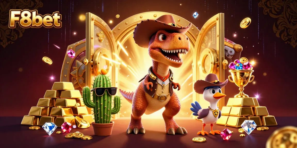 Experience thrilling gameplay at F8bet with 3D cartoon characters and vibrant casino elements.