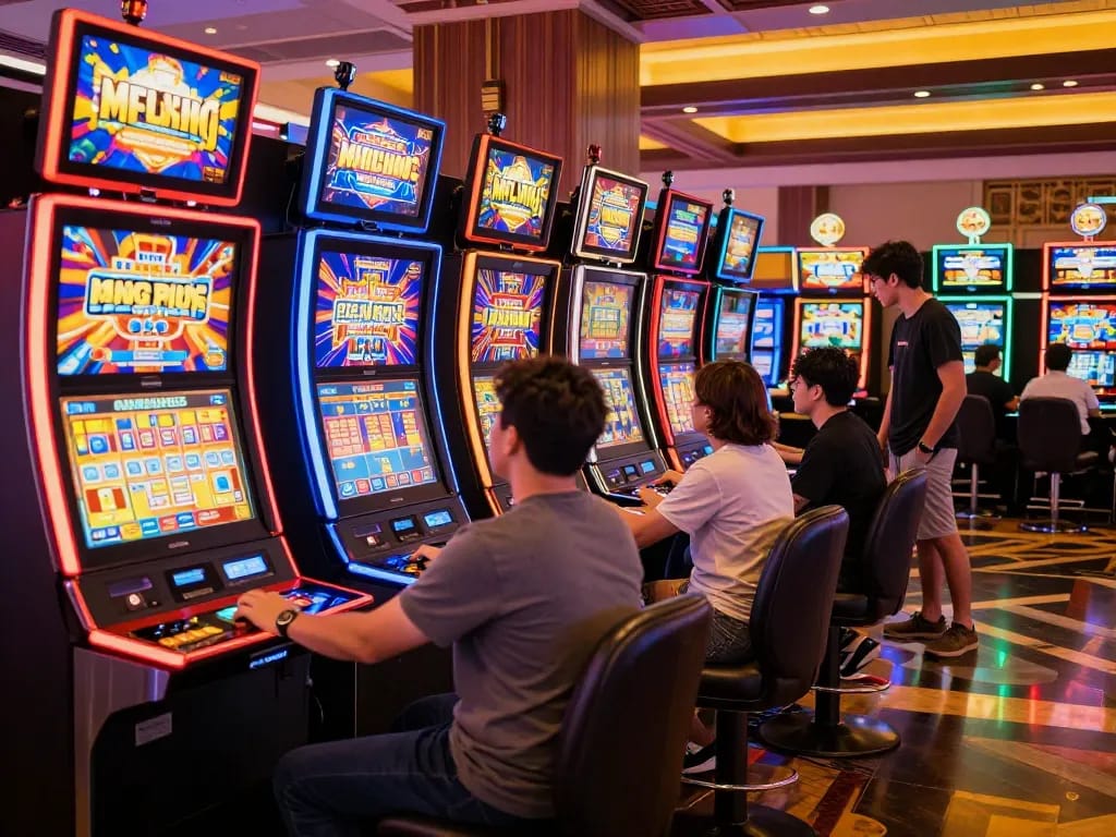 Players experiencing the excitement of SV66 slot machines with vibrant gameplay in a lively casino setting.