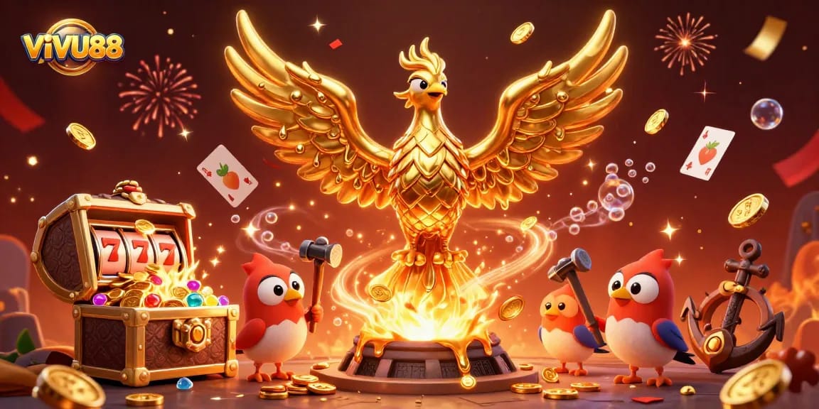 Experience VIVU88's dynamic casino atmosphere with a golden phoenix amid festive symbols and treasures.