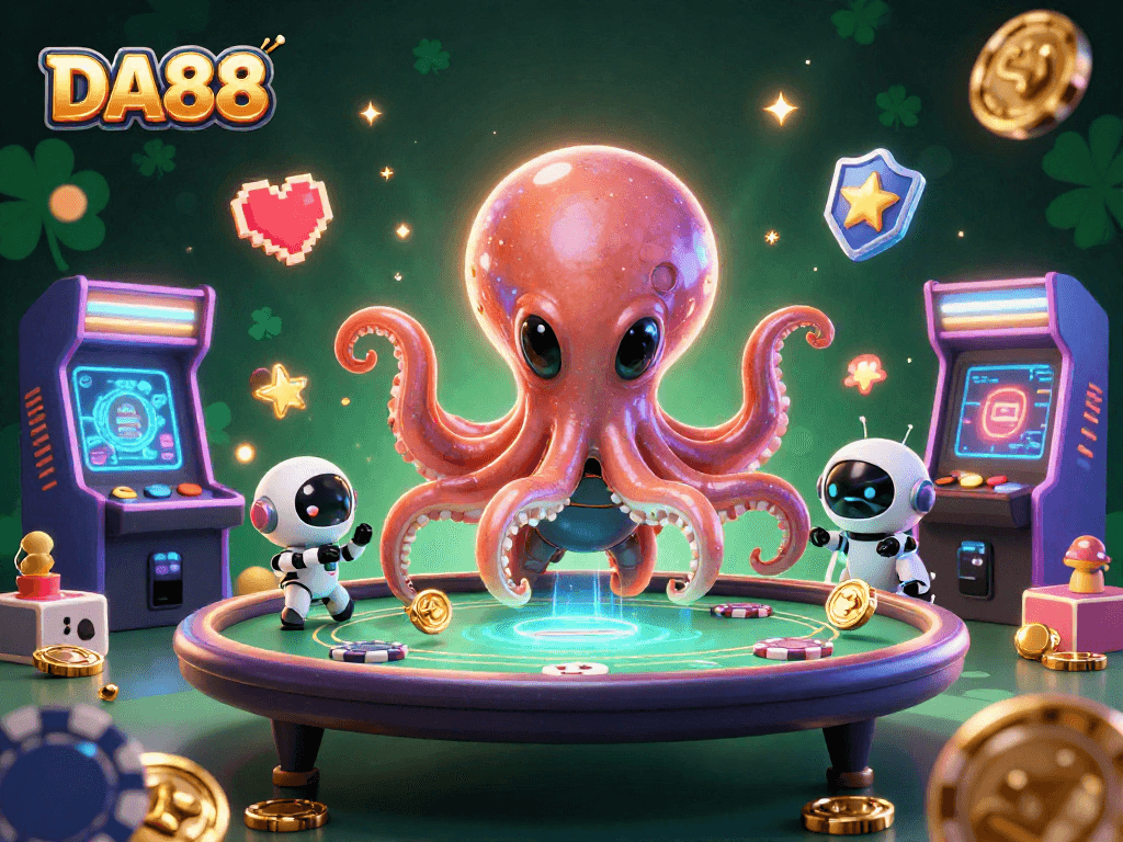 Experience the thrill of DA88 at a holographic poker table with alien characters and exciting gaming elements.