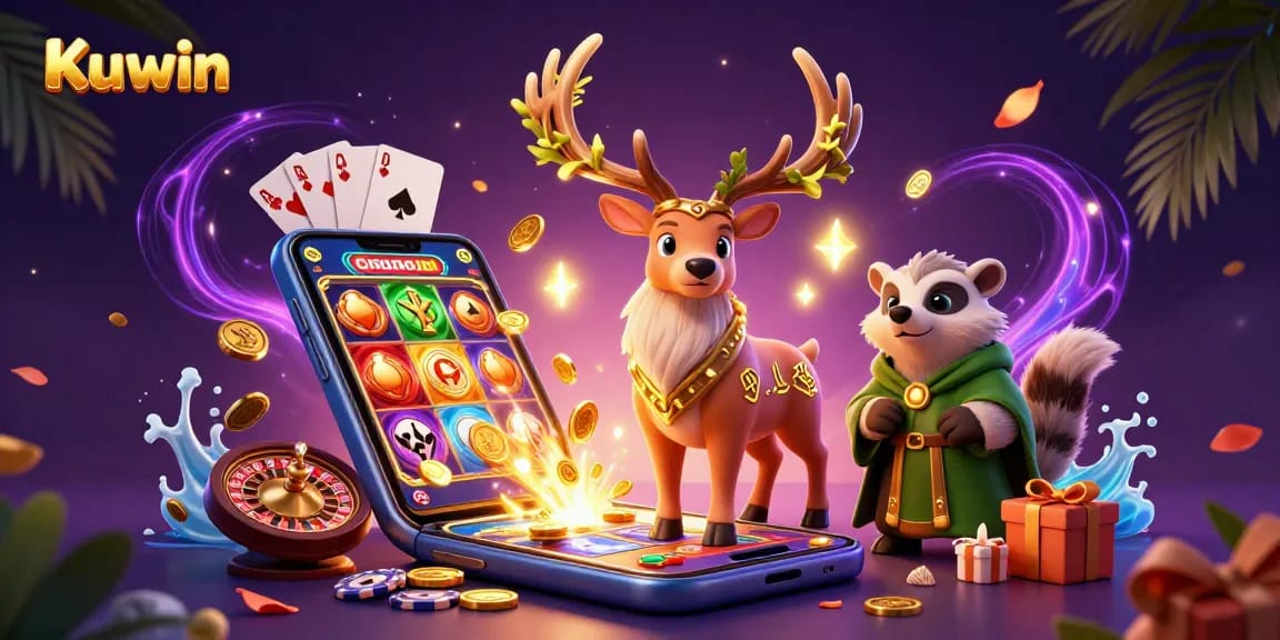 Kuwin presents a vibrant 3D cartoon scene of a druid stag and badger amidst casino elements, highlighting exciting gaming action.