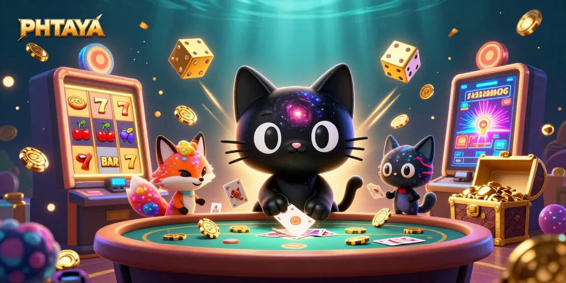 Experience thrilling slots and jackpots with PHTAYA in this vibrant digital casino scene, showcasing unique characters.