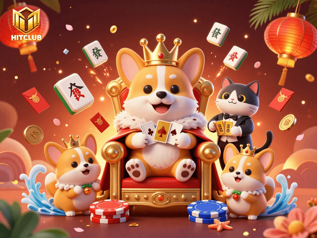 Experience the excitement at HITCLUB with a royal corgi on a throne surrounded by vibrant casino games.