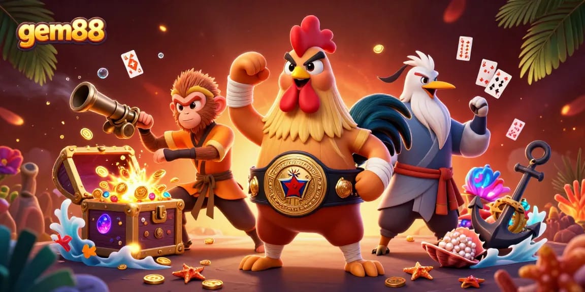 Experience the thrill of gem88 with a vibrant Muay Thai rooster and Shaolin monkey in this thrilling casino scene.