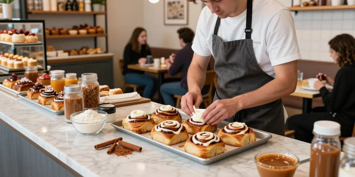 Cinnamon buns Calgary bakery scene with freshly baked buns and a welcoming atmosphere.