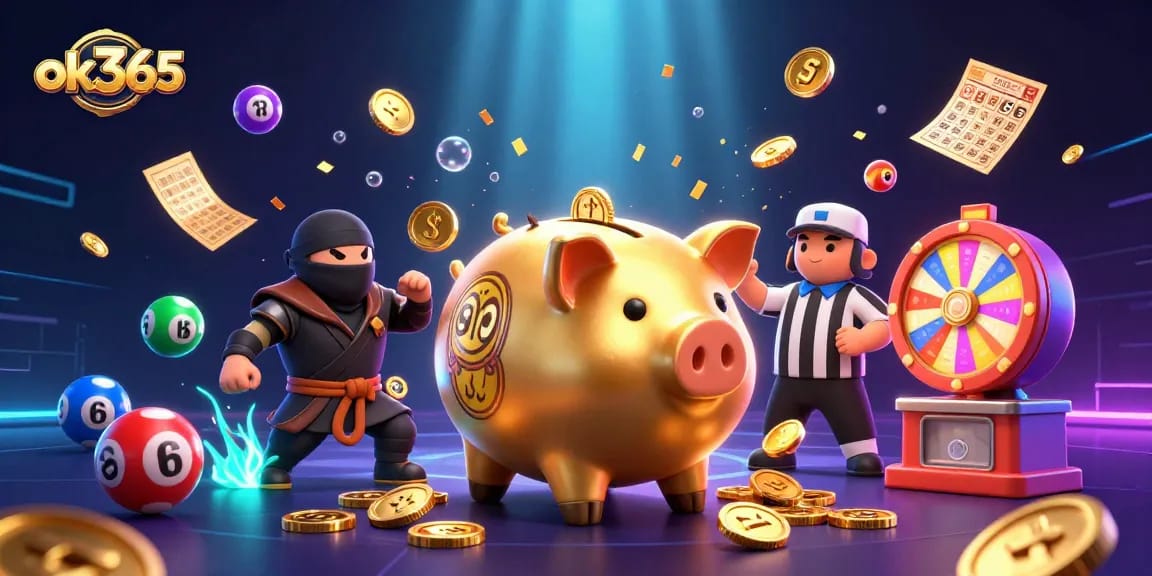 Engage with exciting gambling activities at ok365, featuring vibrant lottery elements and dynamic characters.