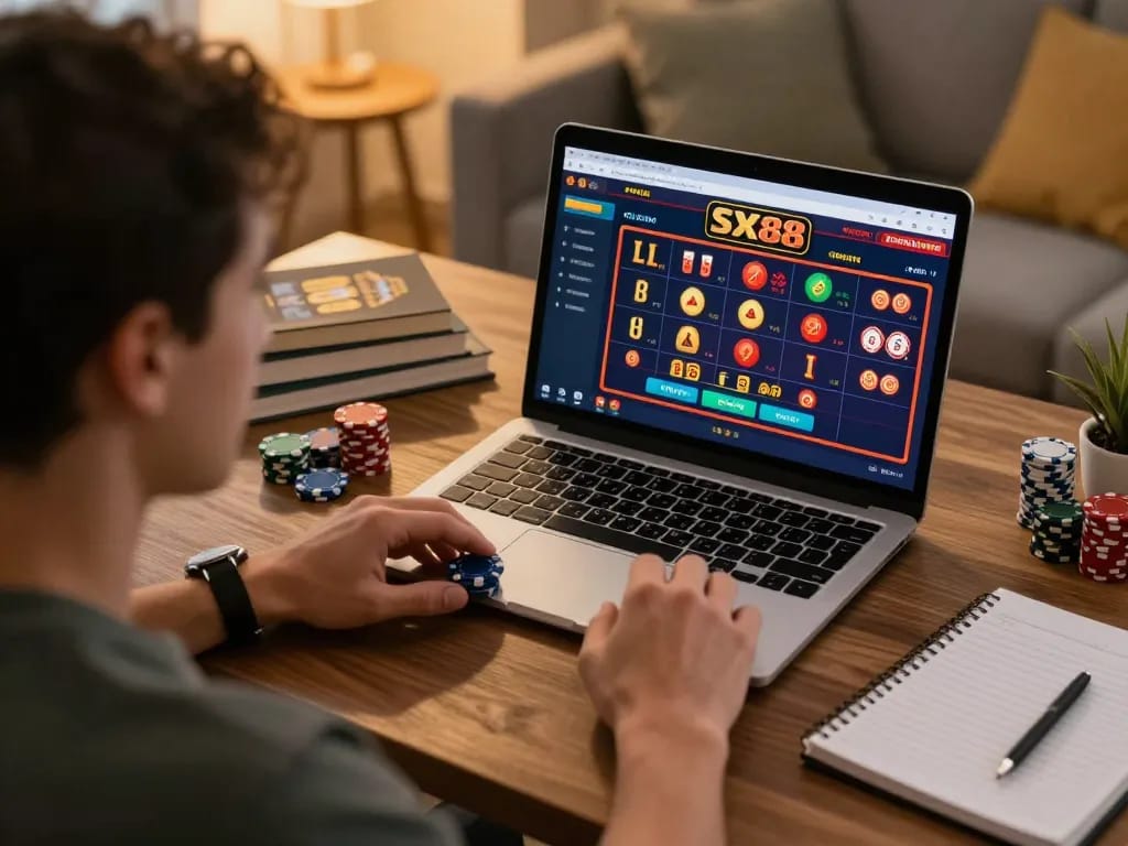 SX88 player strategizing during an online gambling session at home, showcasing focus and engagement.