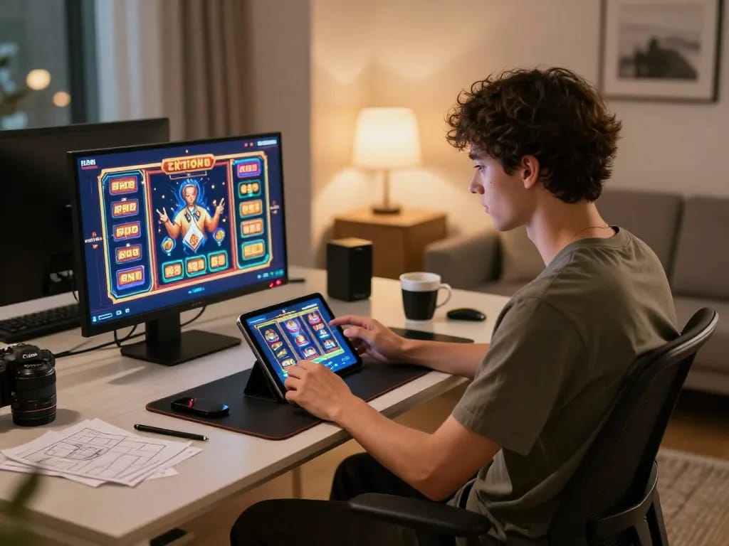 A stylish individual enjoying online gaming at home using 88vvgo, surrounded by strategy notes and a warm atmosphere.