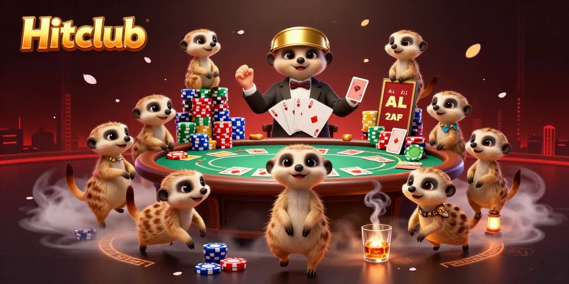 Hitclub meerkats operating a vibrant casino scene, showcasing animated gaming excitement and camaraderie.