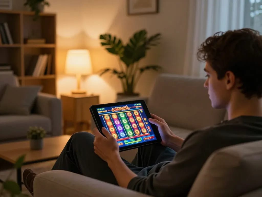 Nohu90 gaming on a tablet in a cozy home setting with warm lighting and inviting atmosphere