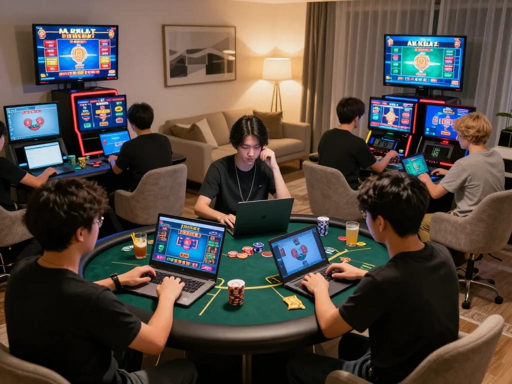 Players enjoying online gambling at nhà cái xx88 on laptops and tablets in a cozy home environment