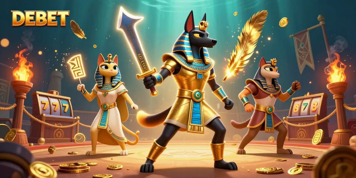 Experience the excitement of DEBET with Anubis and Bastet in a dynamic casino scene.