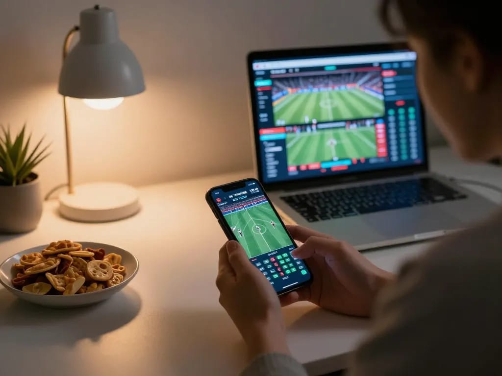 MMOO sports betting experience with smartphone displaying live odds and match stats.