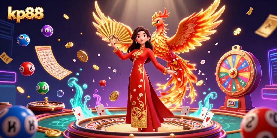 Engage with kp88 live casino excitement featuring a woman and a phoenix amidst vibrant game elements.