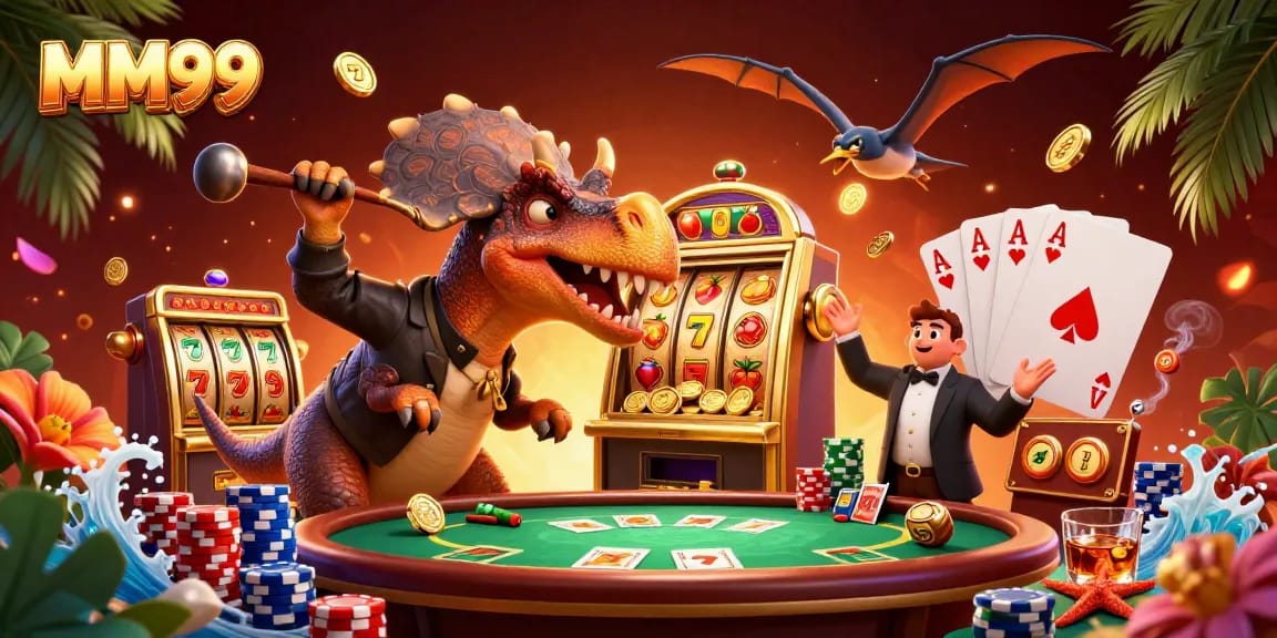 Capture MM99 jackpot as a pachycephalosaurus hits a golden slot machine, coins flying through the air.