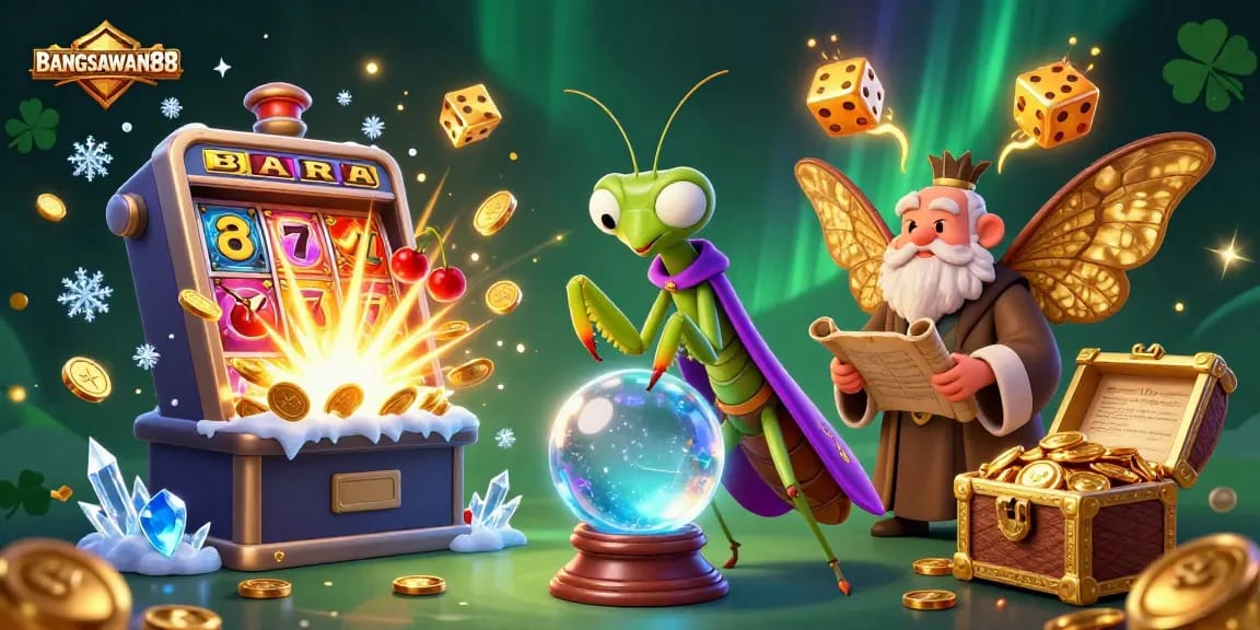 Win big at BANGSAWAN88 with a vibrant, immersive casino illustration, featuring dynamic slot machines and fortune tellers.