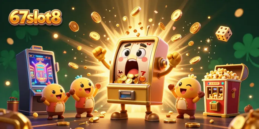Experience big wins with 67slot8's vibrant slot machine celebration featuring jackpots and cheering machines.