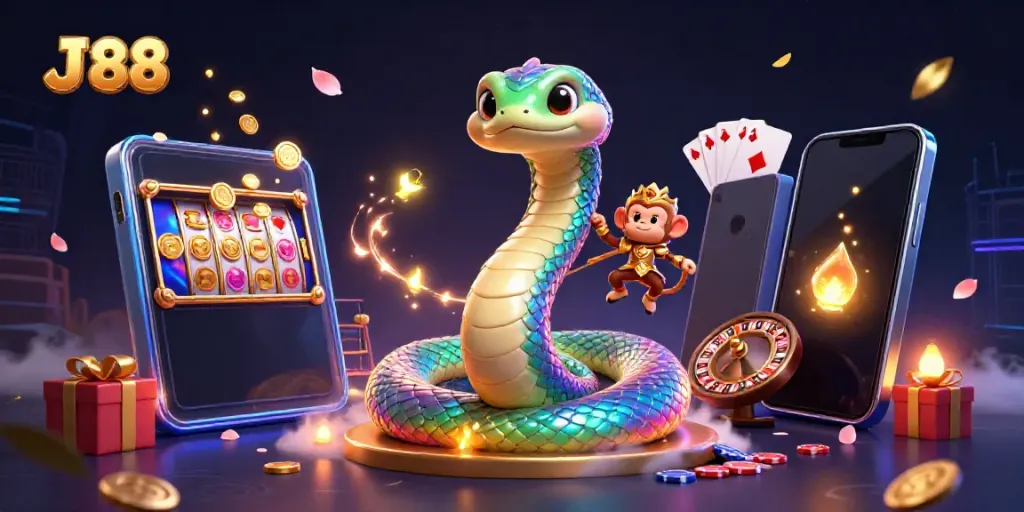 Experience the excitement of J 88 with vibrant 3D elements and animated characters in a casino-themed illustration.