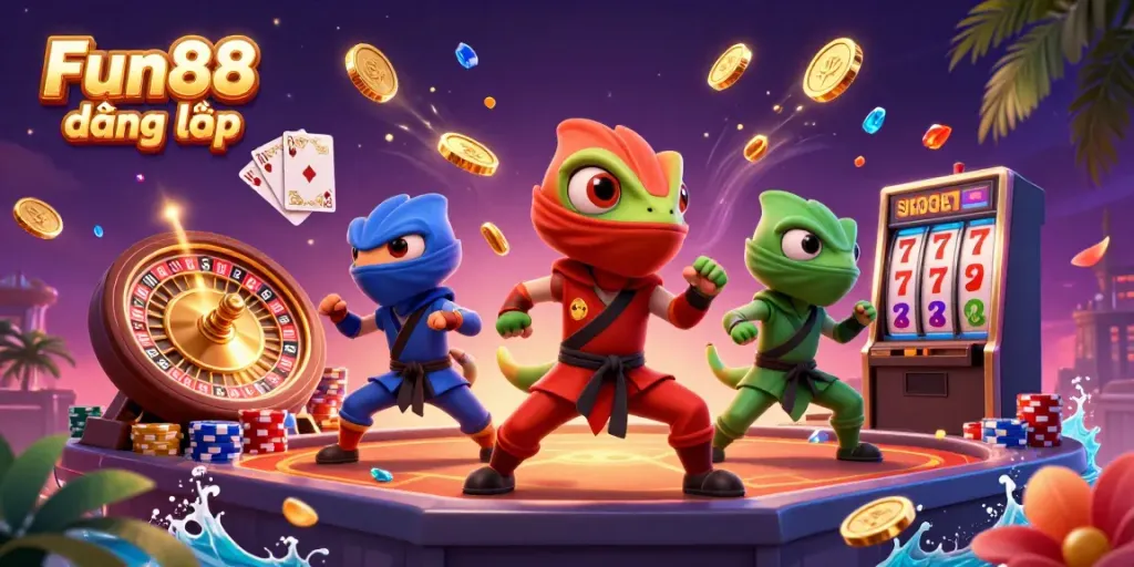 Engage in thrilling gameplay with Fun88 đăng nhập featuring dynamic chameleon ninjas immersed in a vibrant casino atmosphere.