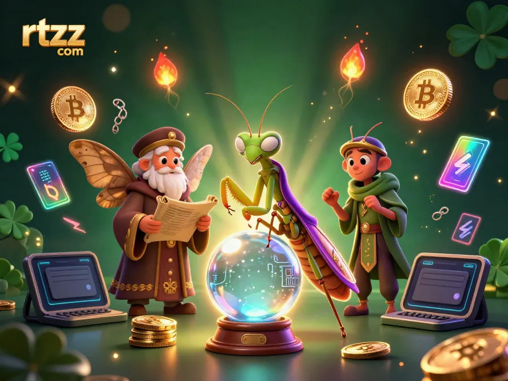 Engage the fortune teller at rtzz com while surrounded by mystical elements and crypto coins in 3D art