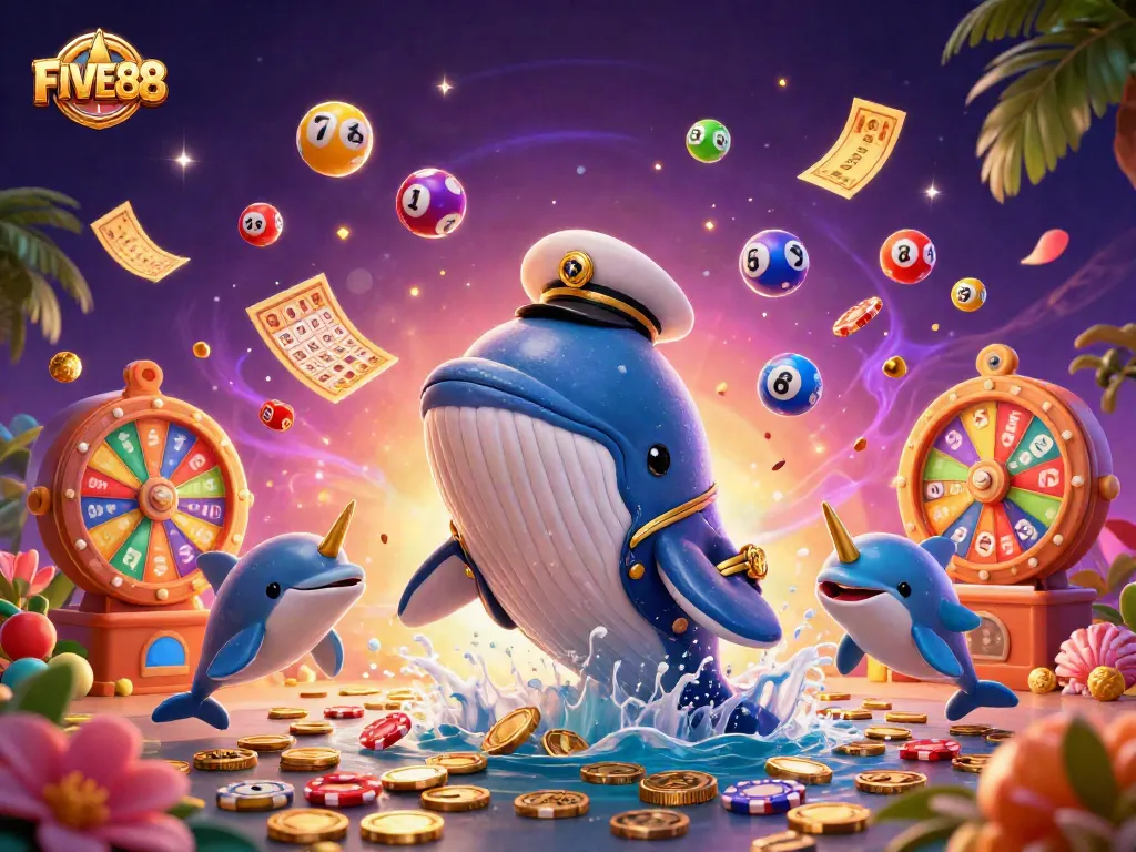 Engage with FIVE88's vibrant casino scene featuring a whale, narwhal, and playful dolphins.