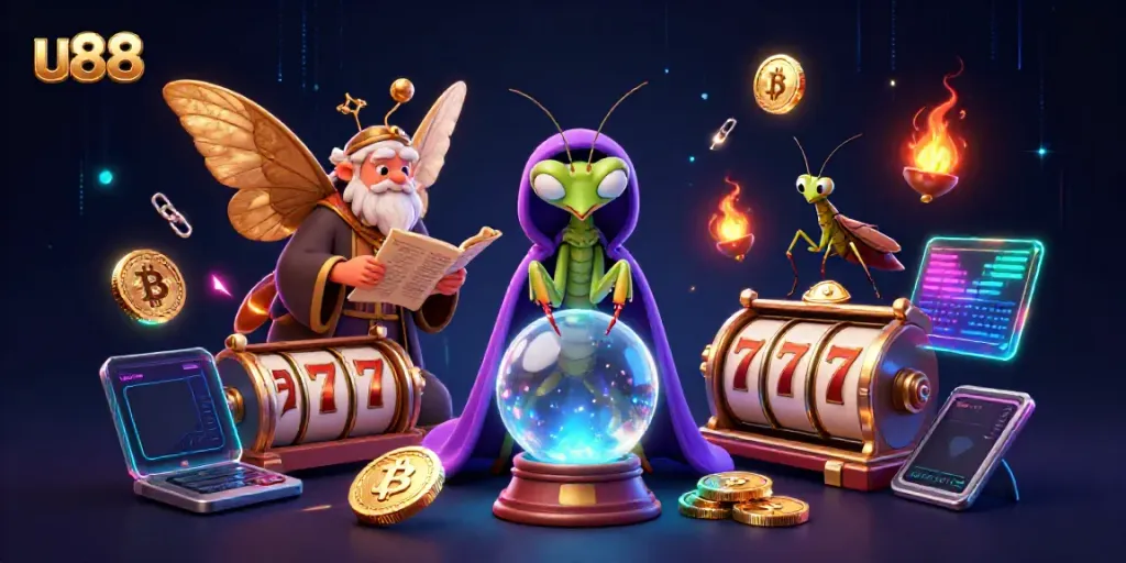 Engage with top-tier gaming at u88, featuring vibrant 3D digital art of a fortune teller and ancient scrolls.