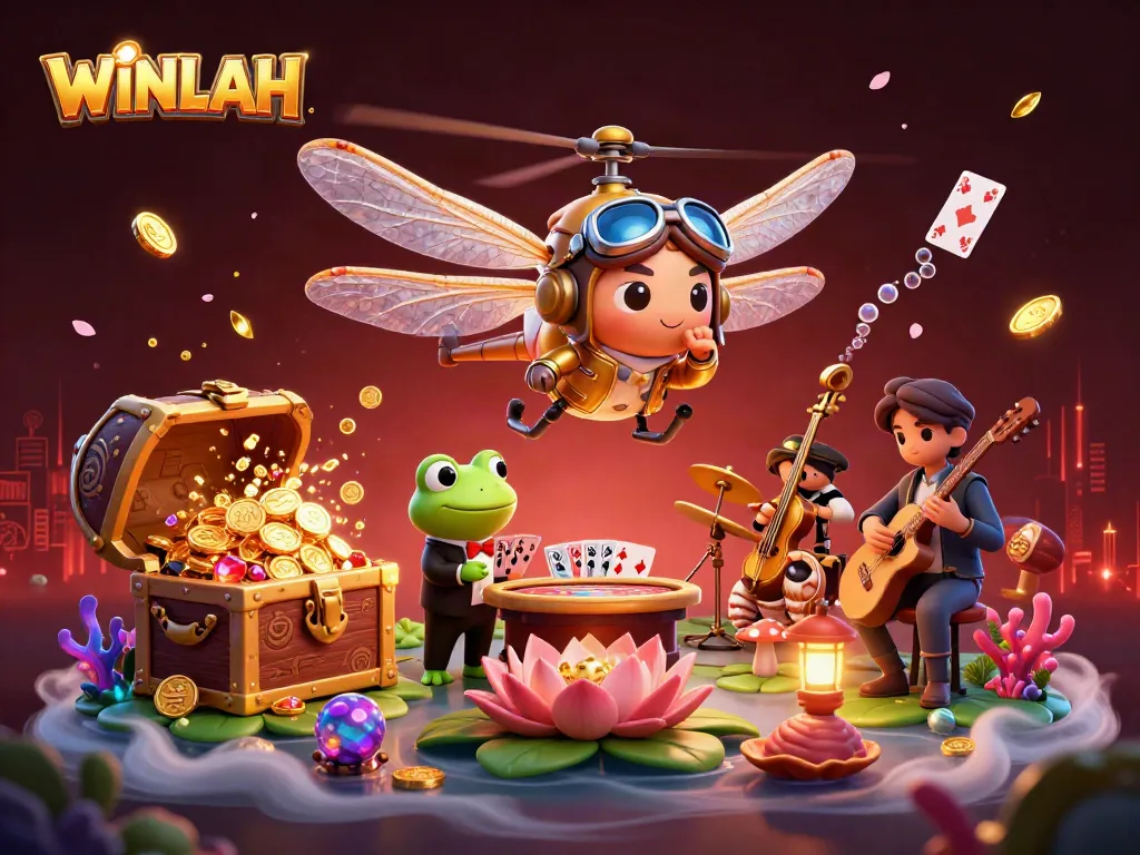 WINLAH showcases a dragonfly pilot and frog croupier in a vibrant lily pad casino scene.