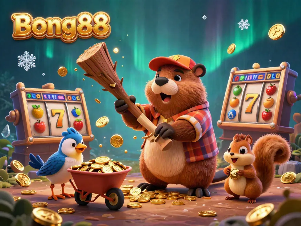 Bong88 features a beaver and friends celebrating jackpot success with golden coins in an exciting casino scene.