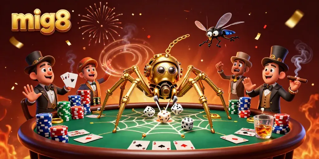 Experience immersive gameplay with mig8 as steampunk spider spins a golden web of poker luck.