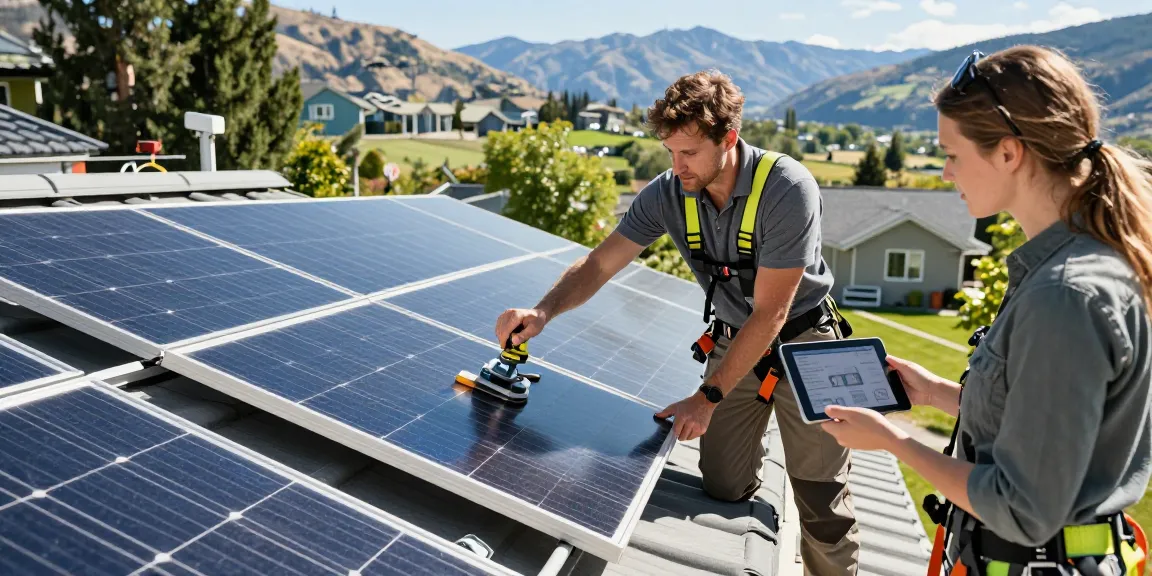 Solar installation Kelowna – technician installing panels on a home rooftop in the Okanagan valley.