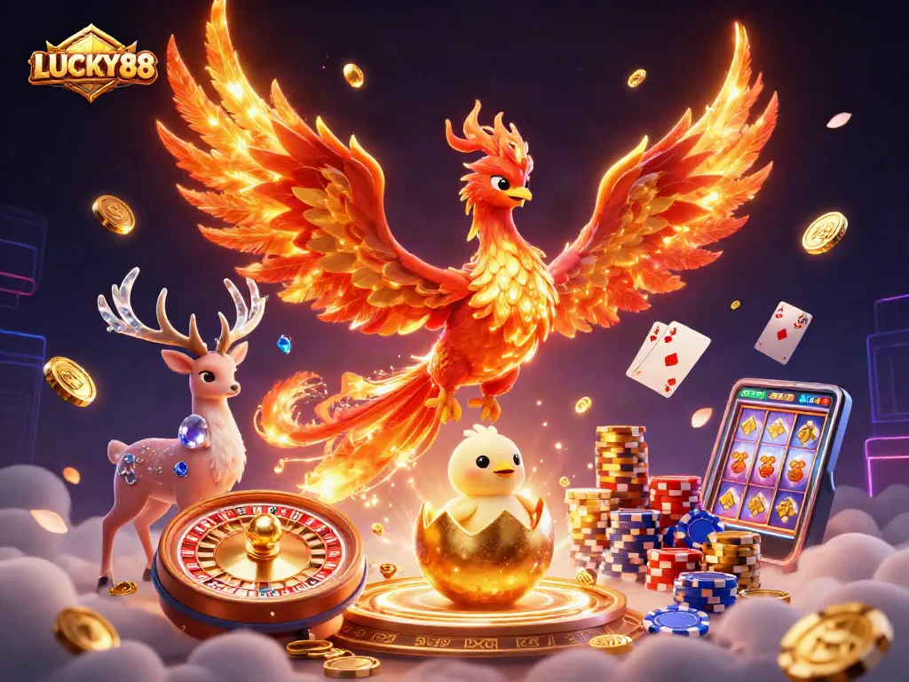 Spin to win with LUCKY88! Immerse in vibrant casino magic featuring a phoenix, gems, and coins.