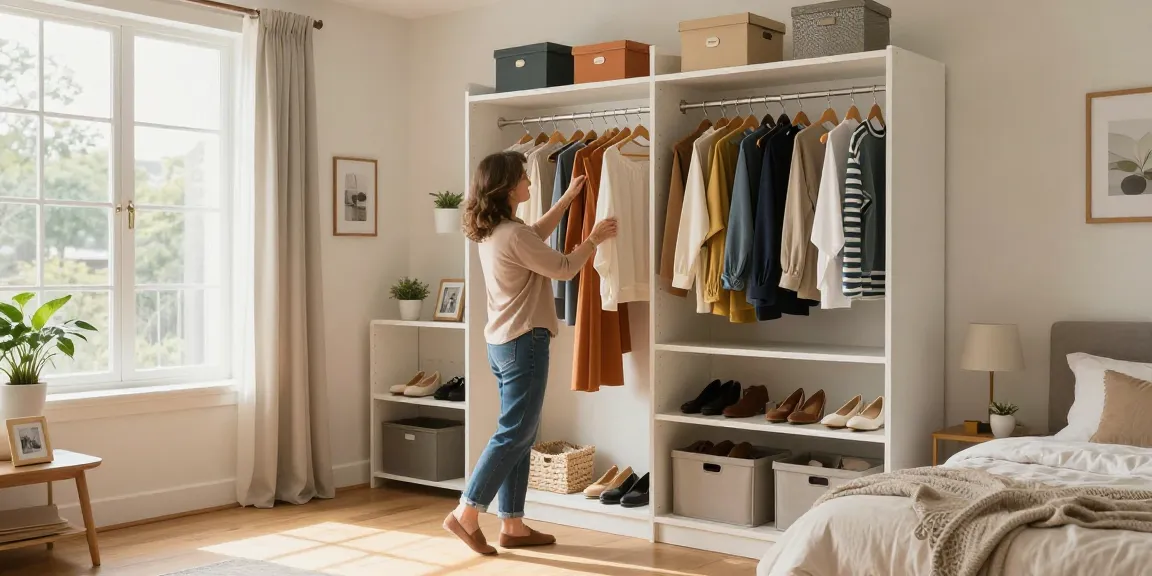 Closet organizing Ottawa with a joyful woman sorting clothes in a beautifully organized closet.