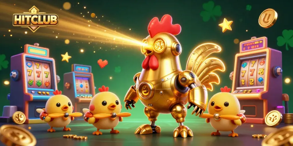 Experience the excitement of HITCLUB casino with vibrant slot machines and a golden rooster robot.