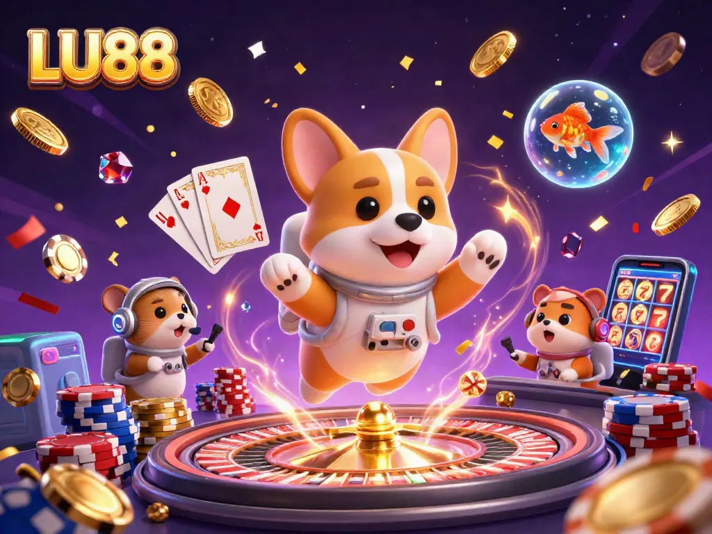 LU88's vibrant casino experience showcases a floating corgi astronaut amid poker chips and excitement.